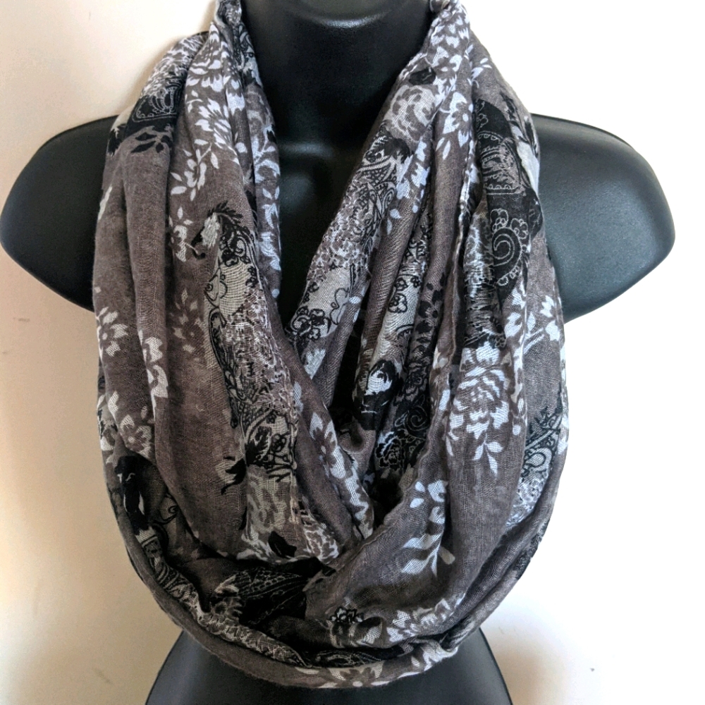 Grey Infinity Scarf with Floral Pattern